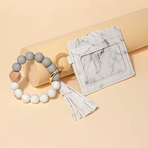 White & Gray Marbled Pattern Tassel Wallet Silicone Beaded Bracelet Keychain